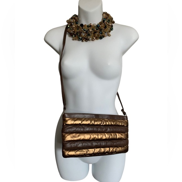 VTG 80s Leather Puffy Padded Quilted Clutch Bag Purse ~ Metallic Gold & Brown - Picture 11 of 12